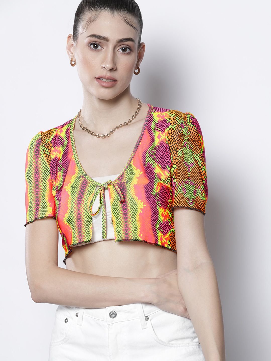 I Saw It First Women Multicoloured Printed Crop Tie-Up Shrug Price in India