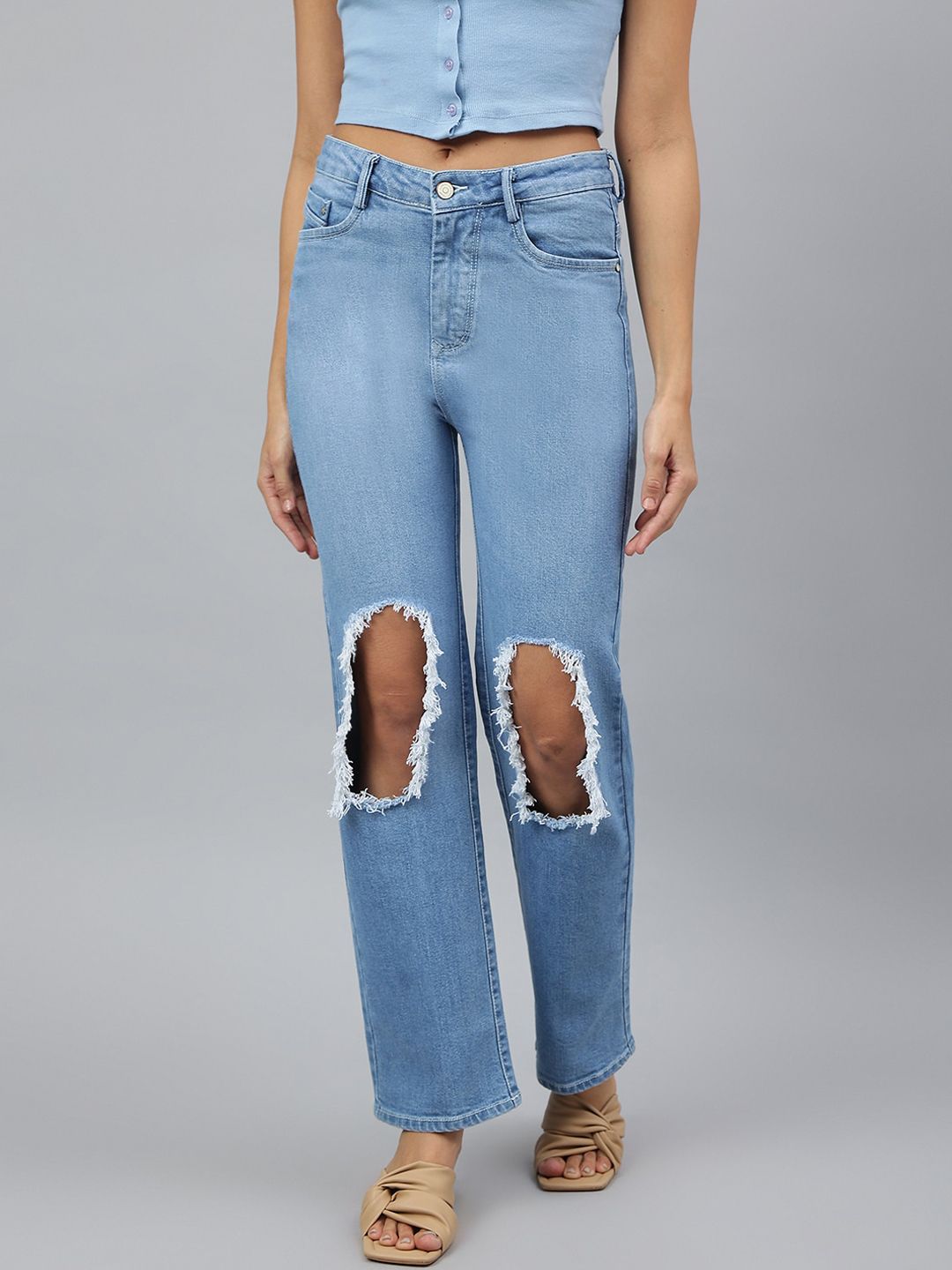 Code 61 Women Blue Straight Fit High-Rise Highly Distressed Bleached Stretchable Jeans Price in India