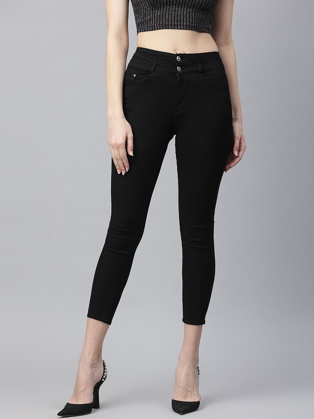 Code 61 Women Black Skinny Fit High-Rise Stretchable Cropped Jeans Price in India