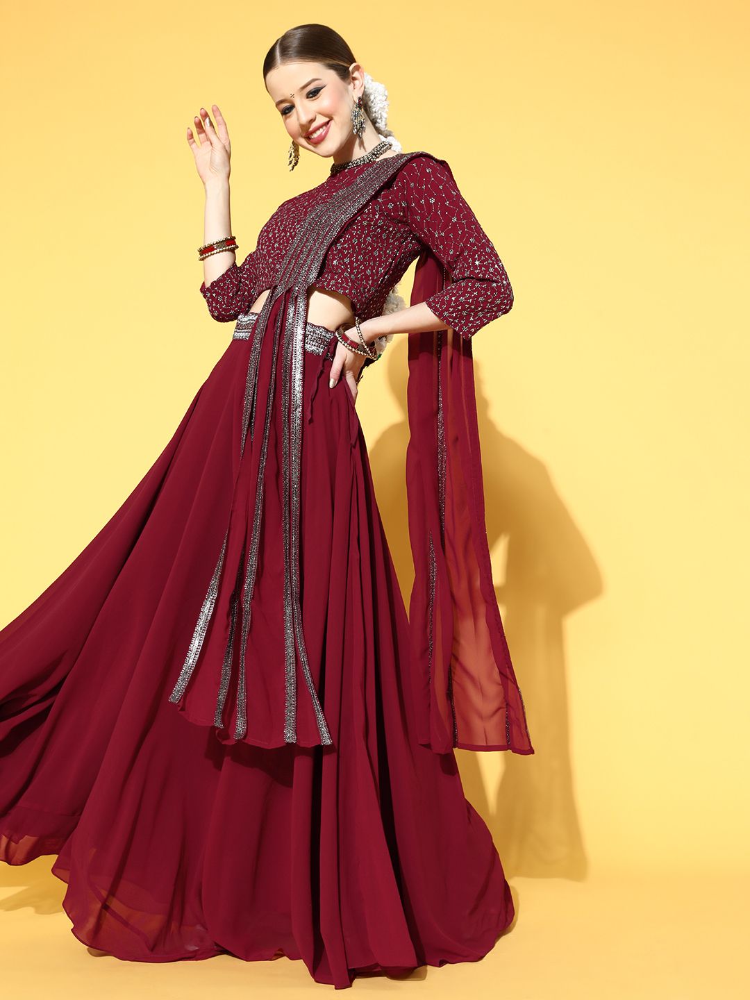 Kvsfab Charming Maroon Embroidered Ready to Wear Lehenga Choli with Dupatta
