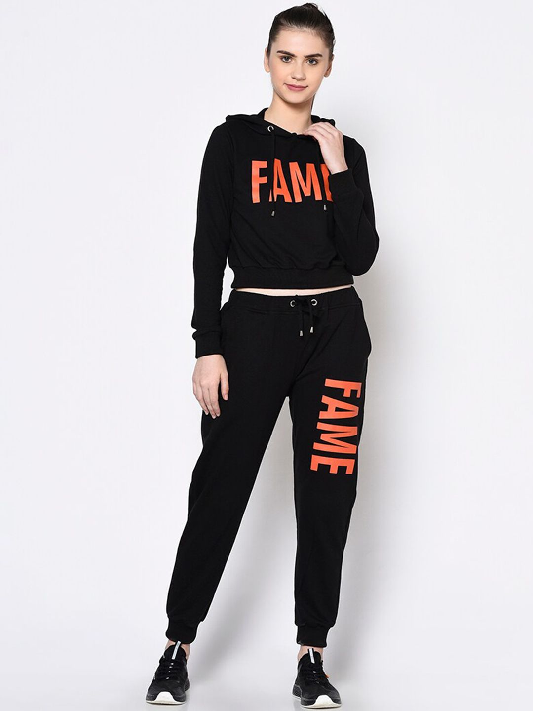 Rigo Women Black Typography Printed Hooded Cropped Cotton Tracksuit Price in India