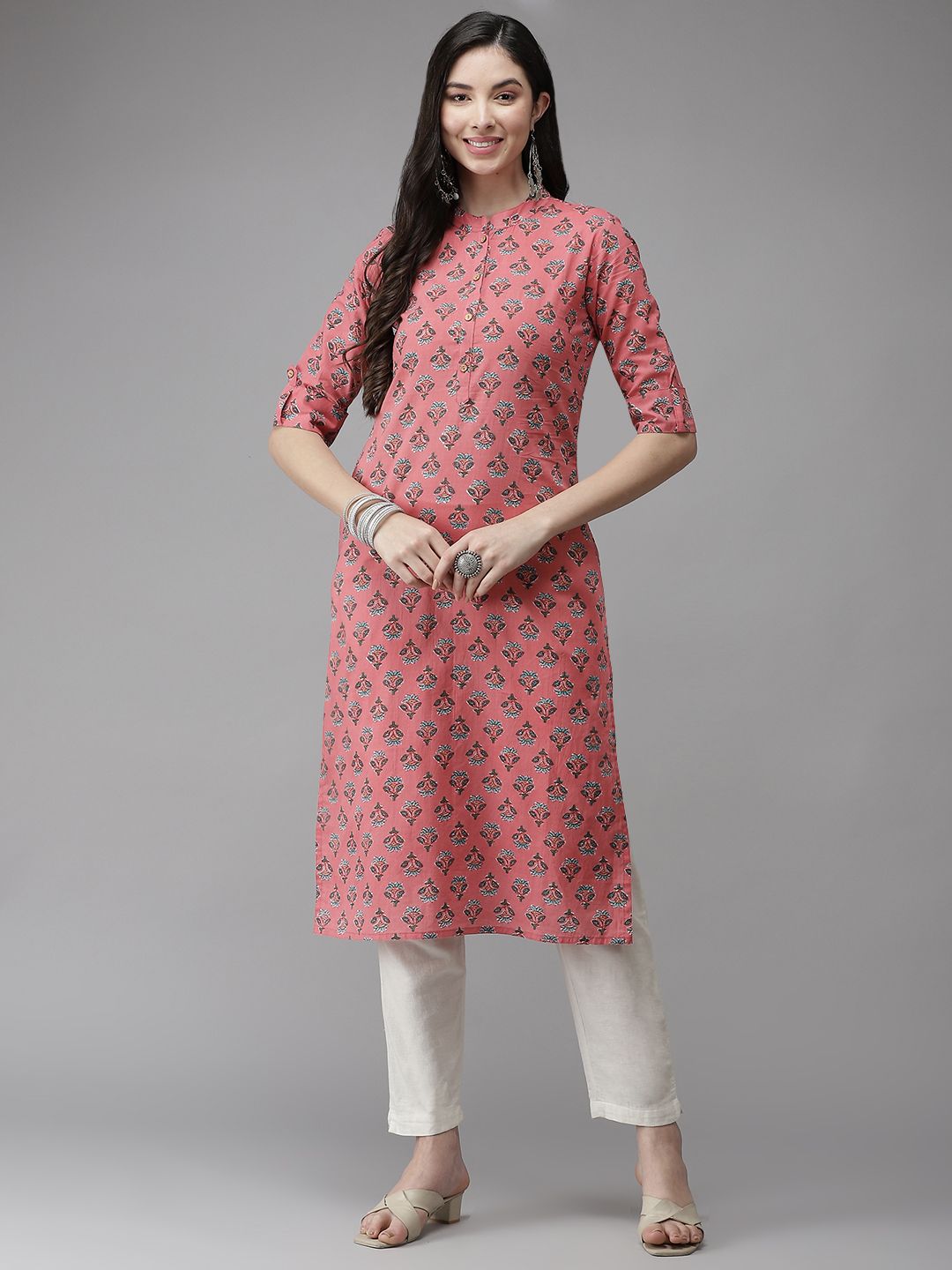 Cayman Women Peach-Coloured Ethnic Motifs Printed Kurta Price in India