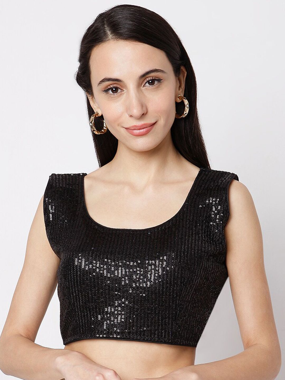 SALWAR STUDIO Women Black Sequin Embroidered Cotton Saree Blouse