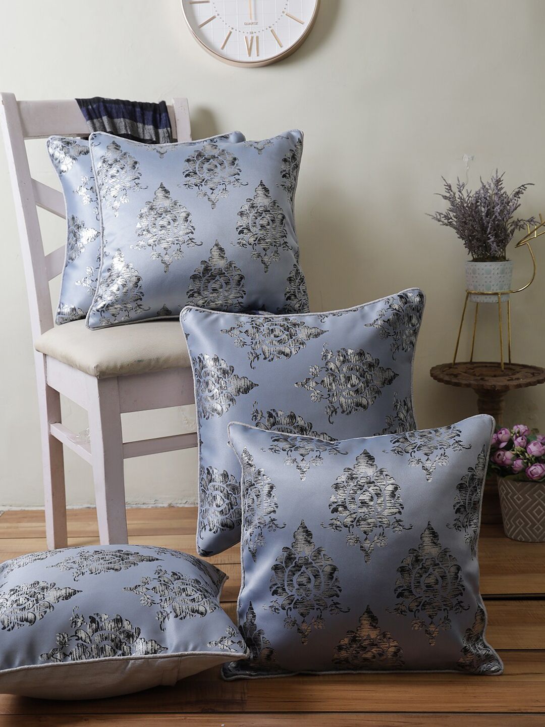 ROMEE Grey & Silver-Toned Set of 5 Ethnic Motifs Square Cushion Covers Price in India