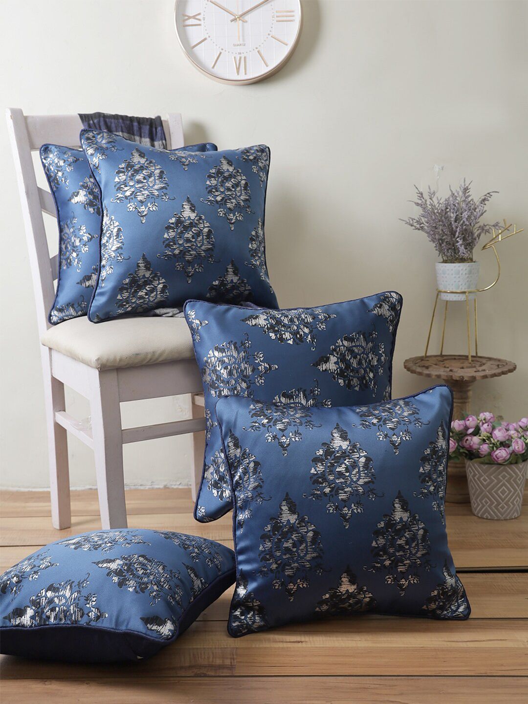 ROMEE Pack Of 5 Blue Ethnic Motifs Printed Square Cushion Covers Price in India