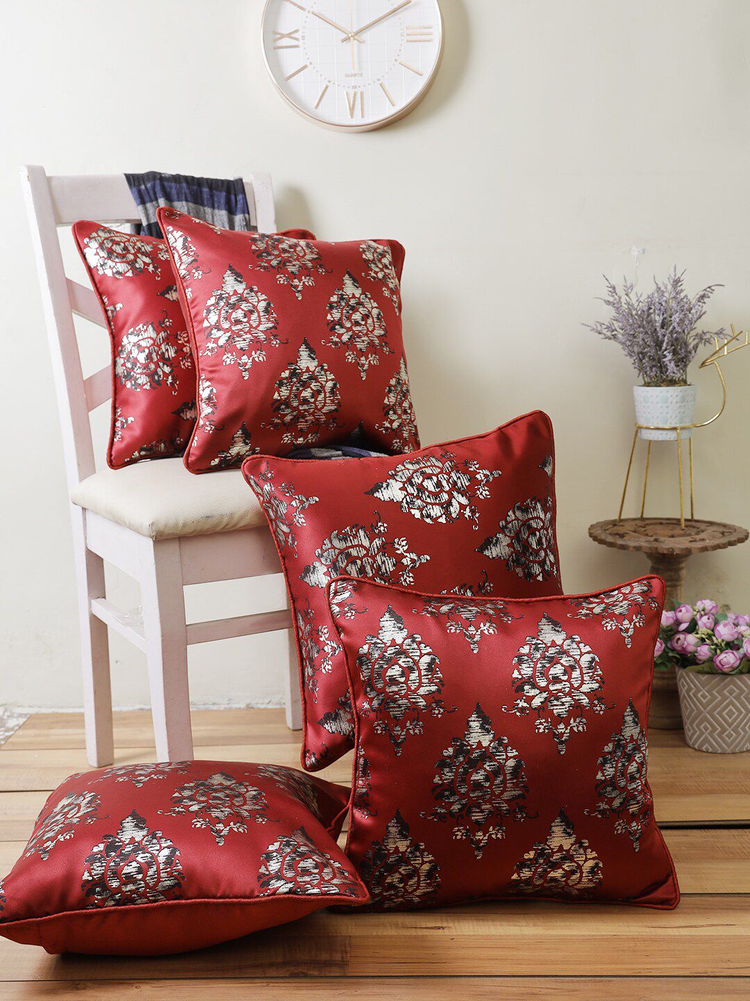 ROMEE Maroon & Black Set of 5 Ethnic Motifs Square Cushion Covers Price in India