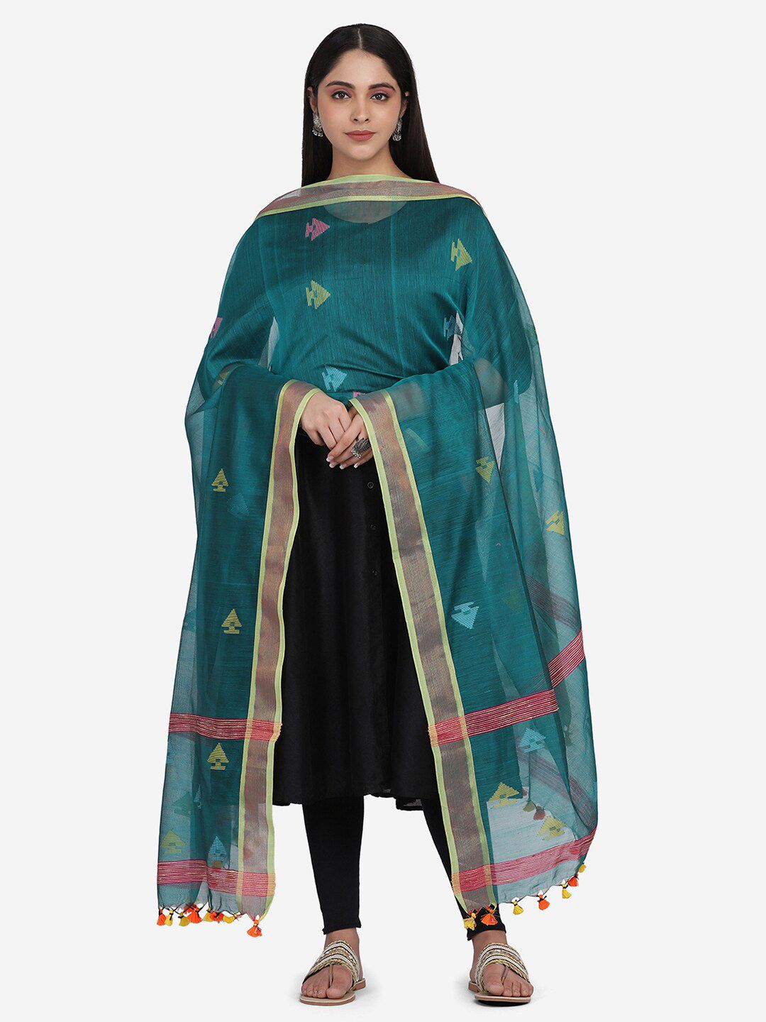 THE WEAVE TRAVELLER Women Green Woven Design Dupatta Price in India