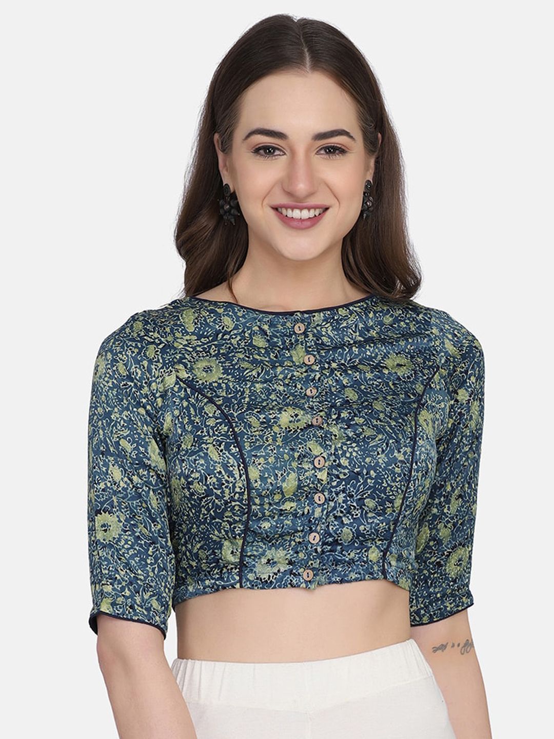 THE WEAVE TRAVELLER Women Blue & Green Floral Printed Saree Blouse Price in India
