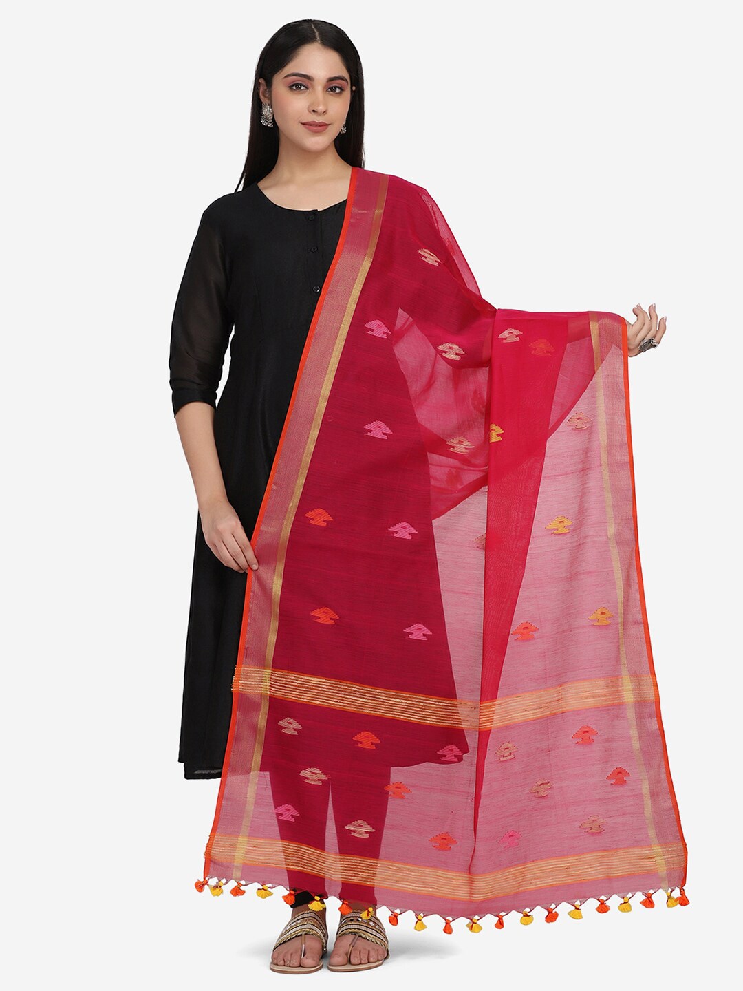 THE WEAVE TRAVELLER Pink & Gold-Toned Ethnic Motifs Woven Design Dupatta with Zari Price in India