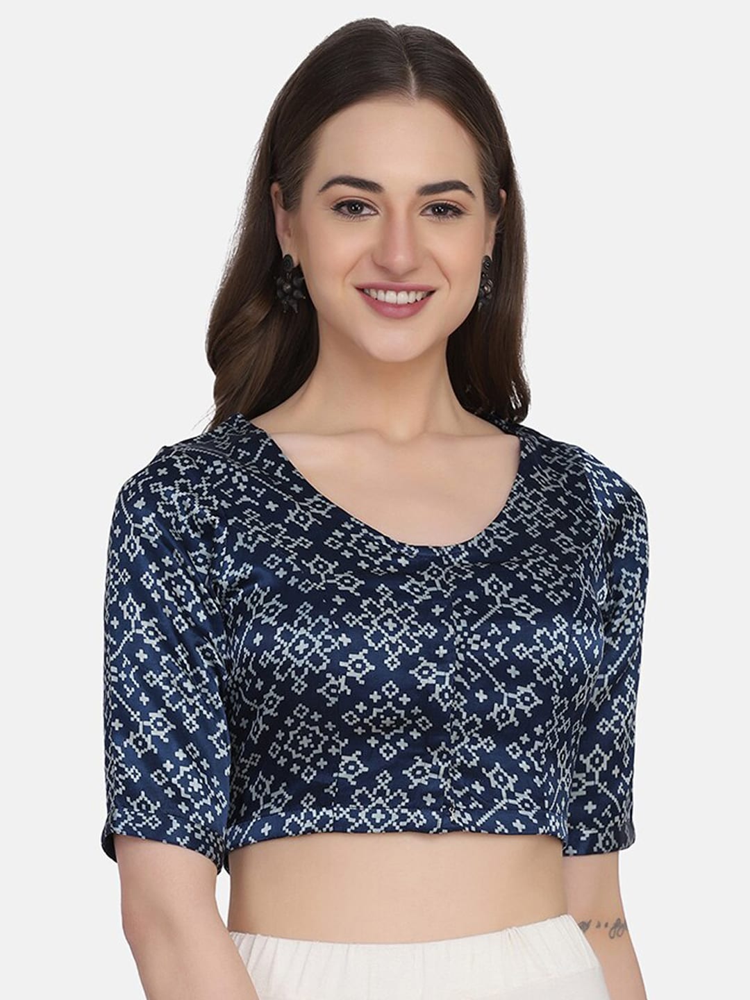 THE WEAVE TRAVELLER Navy Blue Printed Non Padded Ready Made Blouse Price in India