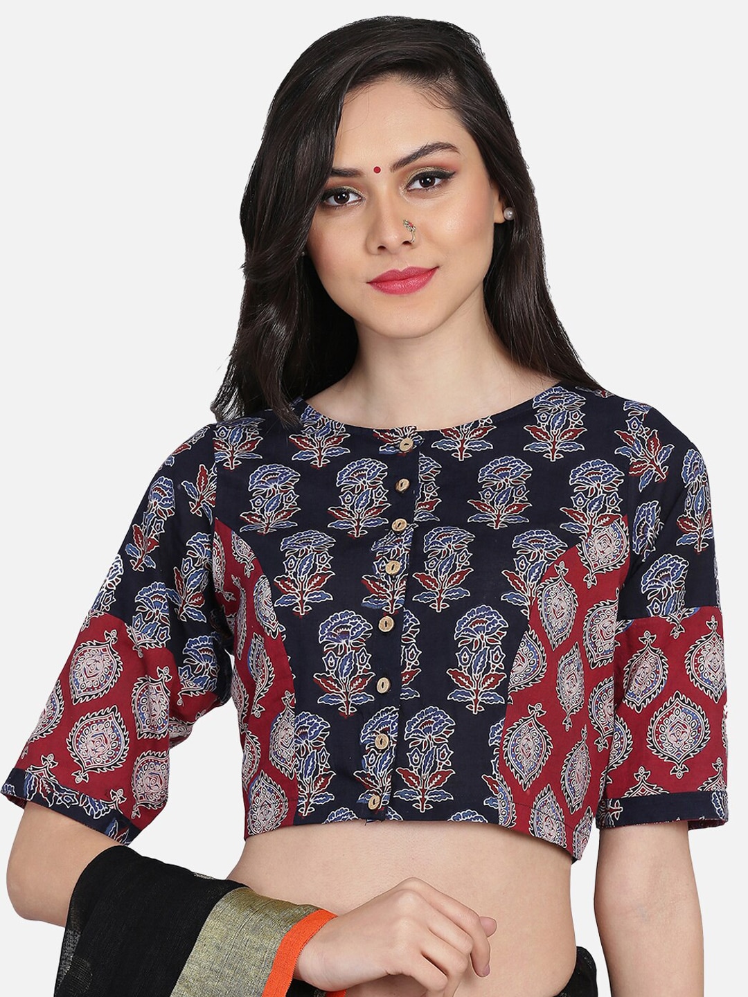 THE WEAVE TRAVELLER Black & Red Printed Non Padded Ready-Made Saree Blouse Price in India