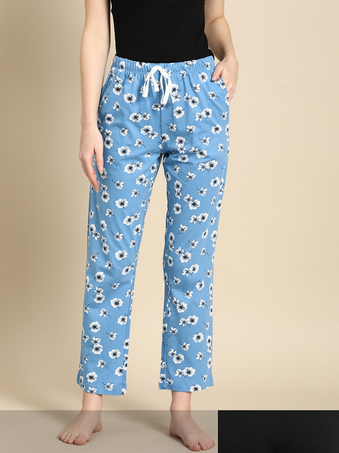 Dreamz by Pantaloons Pack of 2 Women Blue & Black Cropped Cotton Lounge Pants Price in India