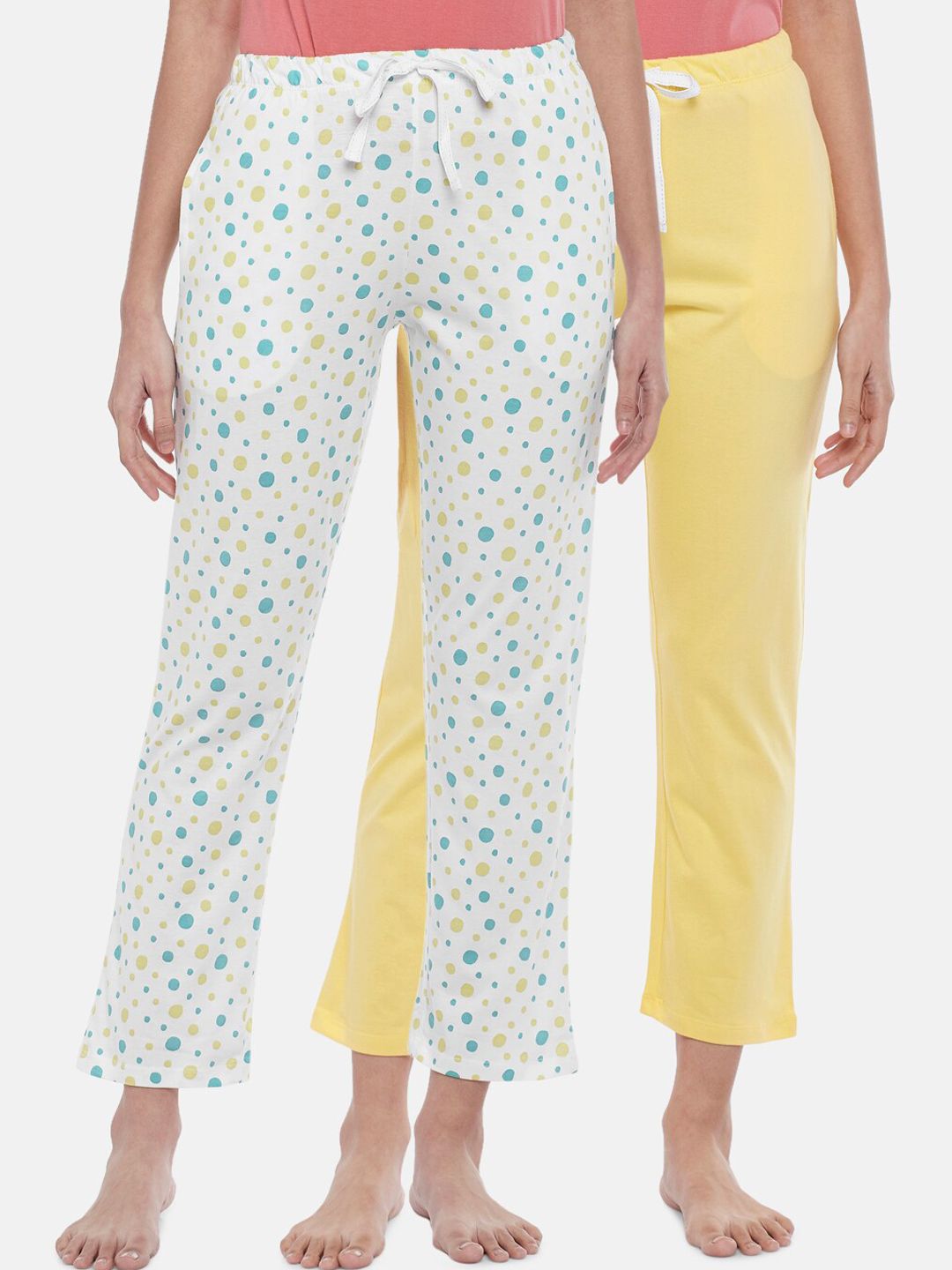 Dreamz by Pantaloons Pack of 2 White & Yellow Cotton Printed Lounge Pants Price in India