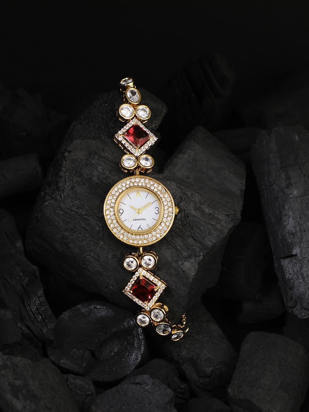 Adwitiya Women White Embellished Dial & Gold-Plated Straps Analogue Watch ACBW1018 Price in India