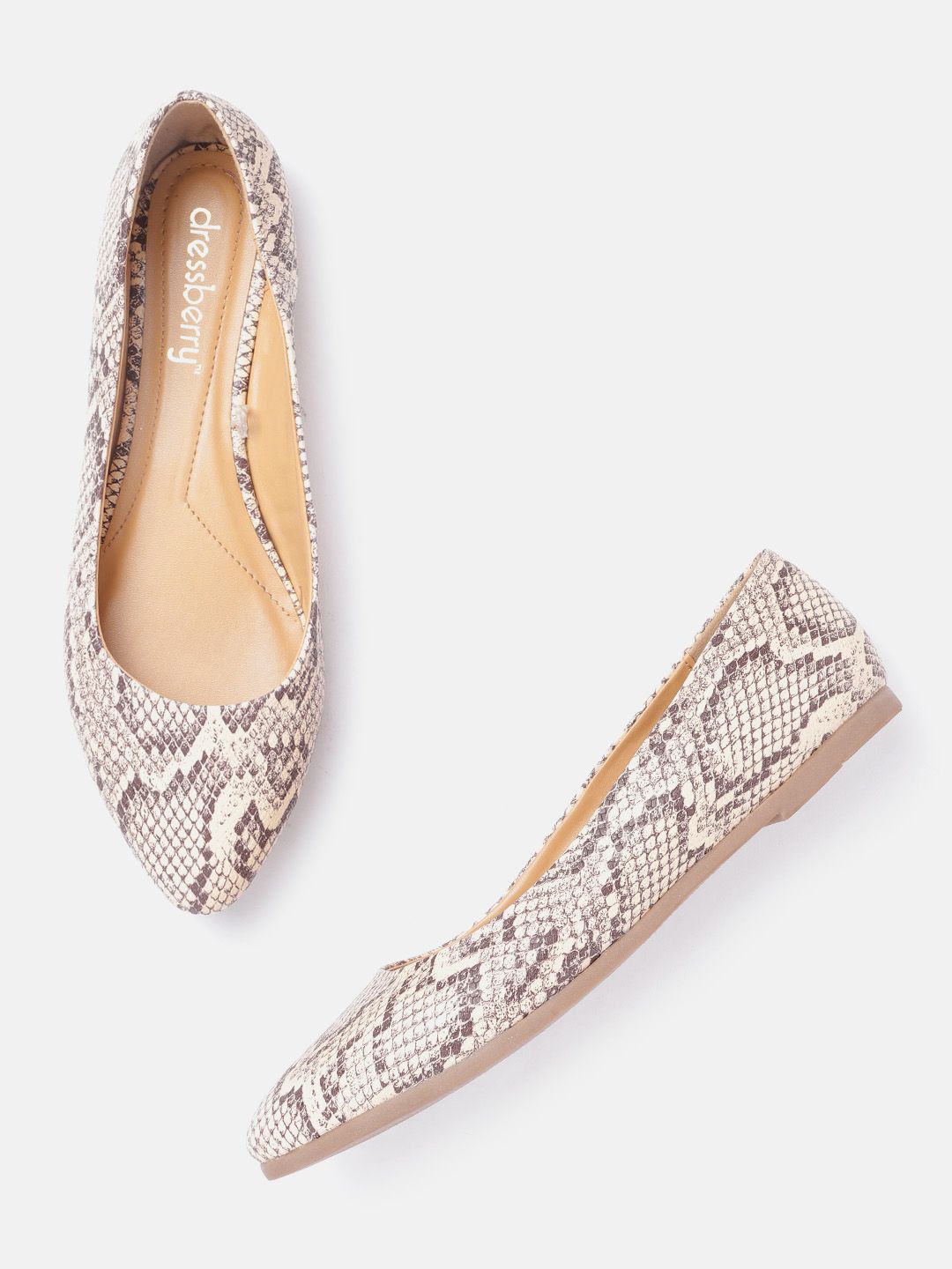 DressBerry Women Beige & Brown Snakeskin Textured Ballerinas Price in India