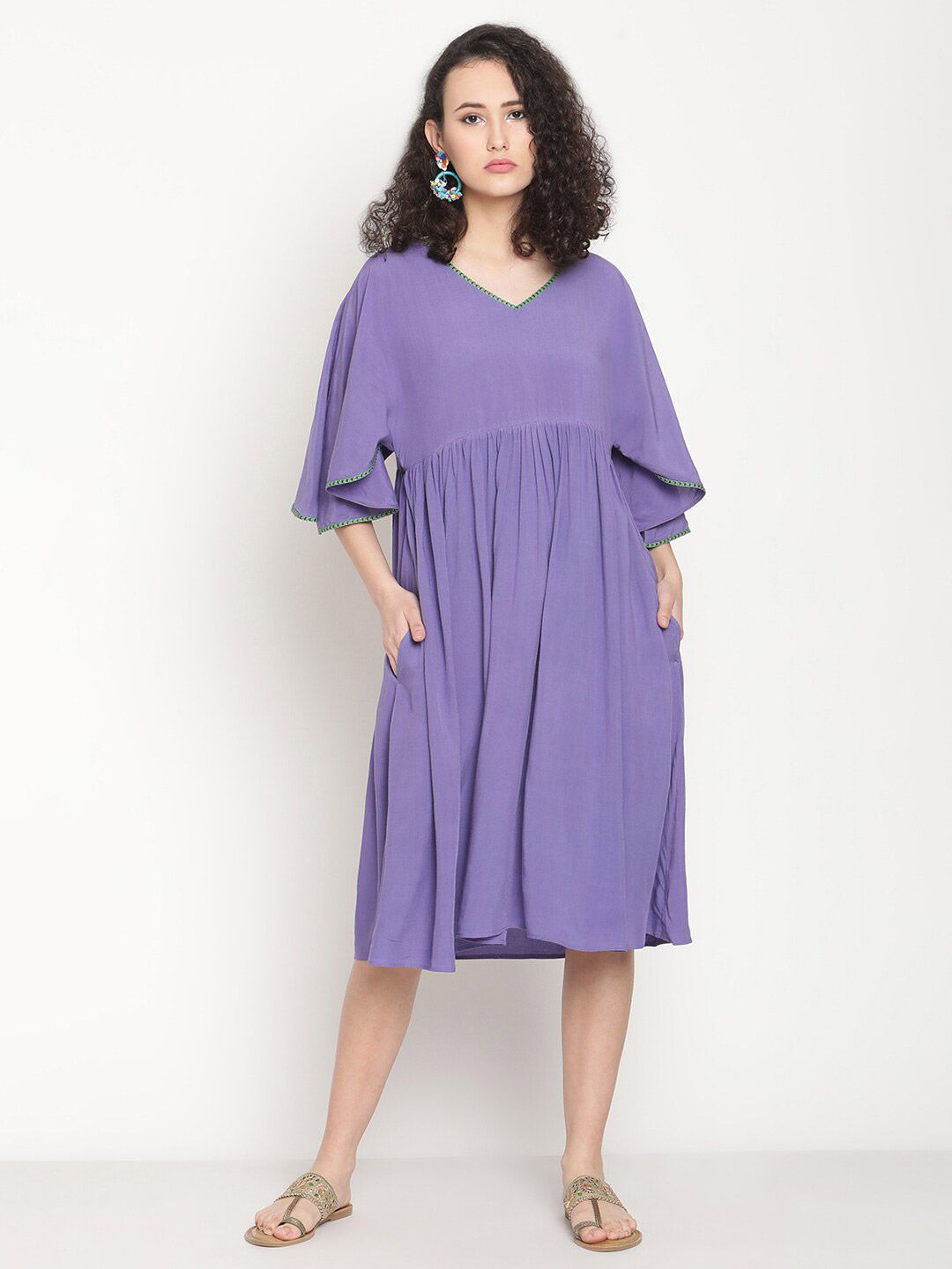 Abhishti Women Violet A-Line Gathered Midi Dress Price in India