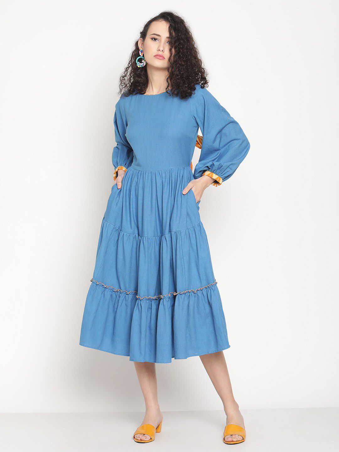 Abhishti Women Blue Solid Tiered Fit & Flare Cotton Dress Price in India