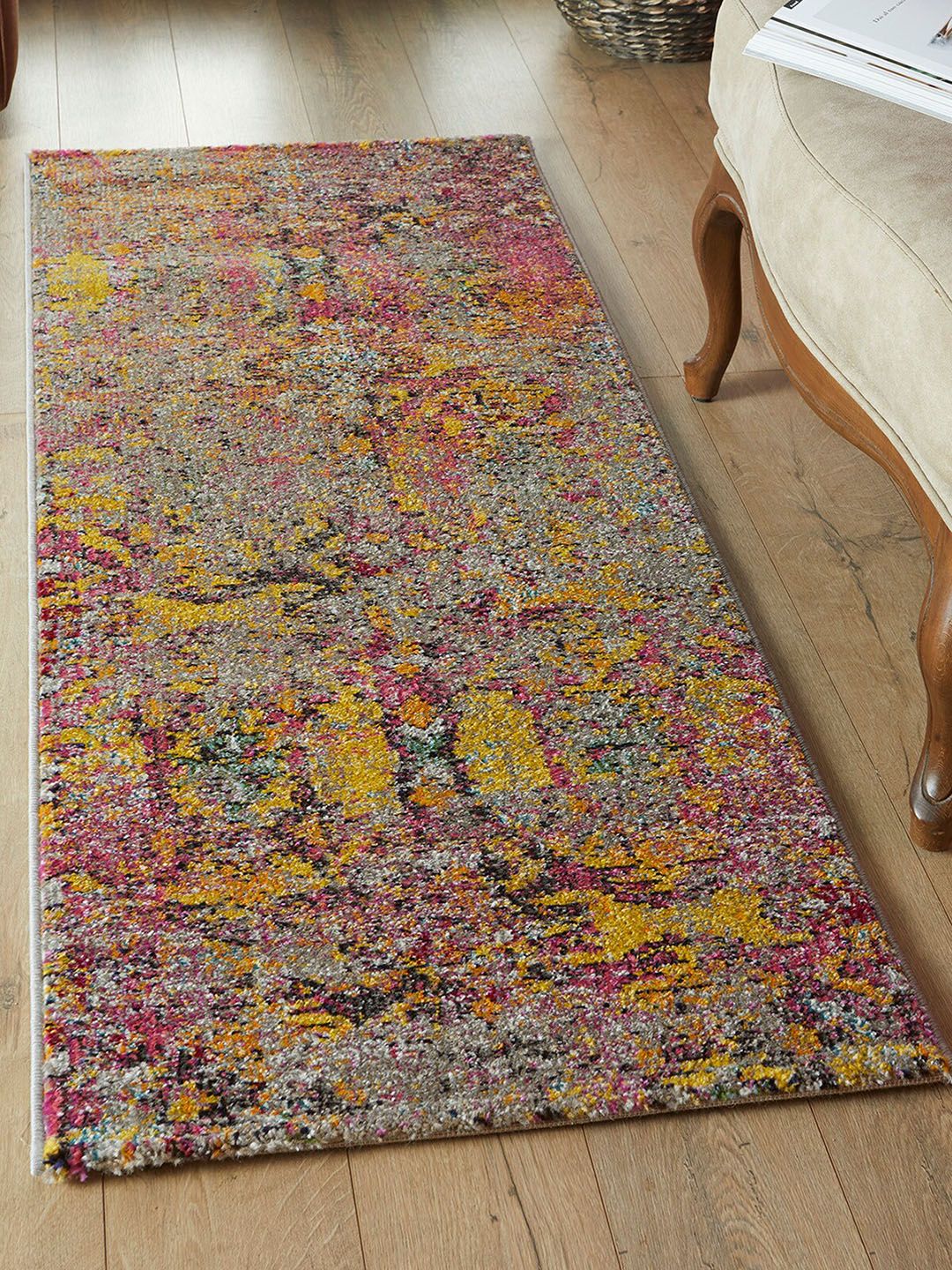 OBSESSIONS Beige & Magenta Abstract Polypropylene Anti-Bacterial Colourfast Floor Runner Price in India