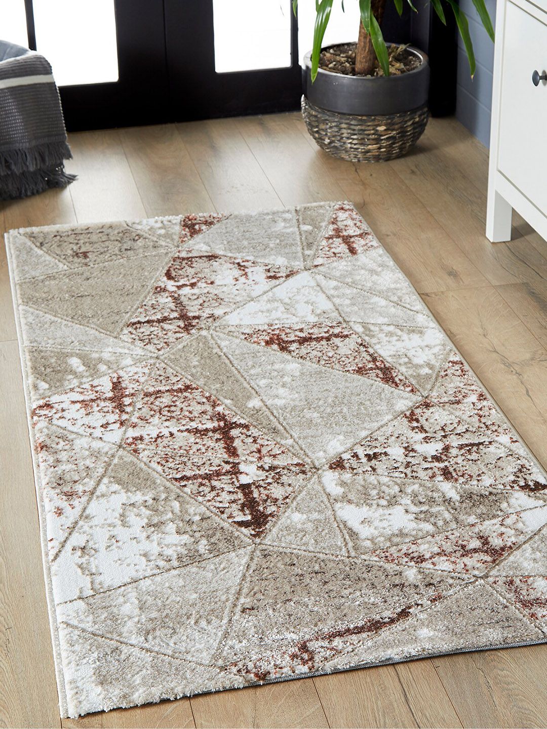 OBSESSIONS Beige Abstract Polyester Anti-Bacterial Colourfast Floor Runner Price in India