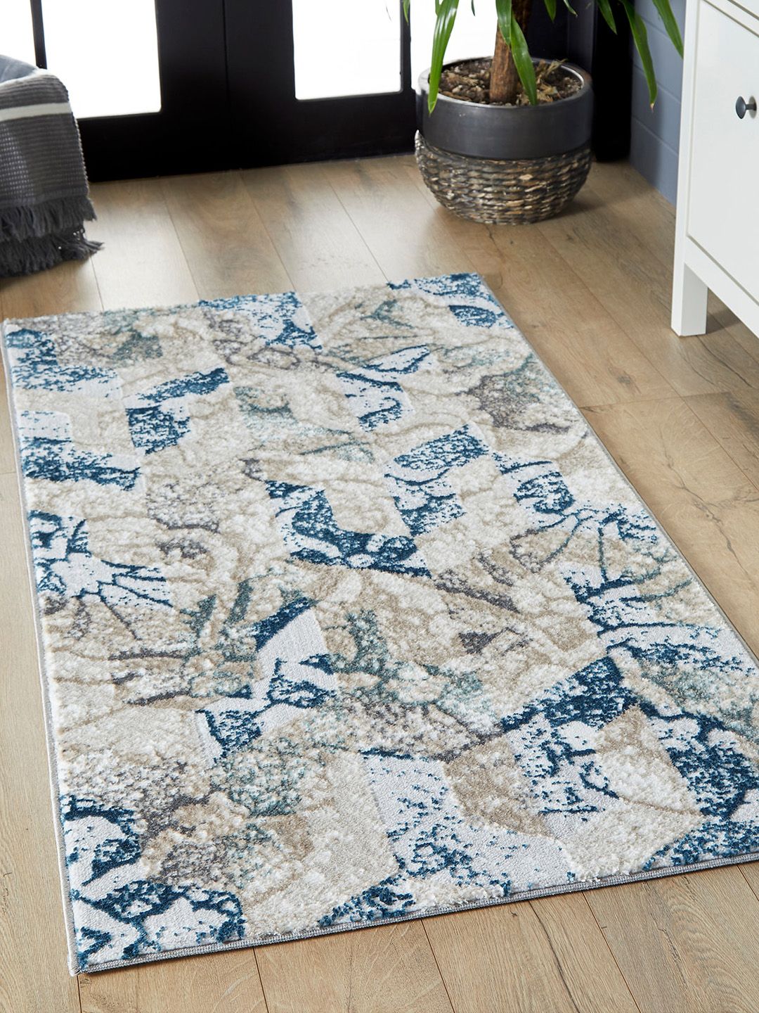 OBSESSIONS Beige & Blue Abstract Patterned Runner Price in India