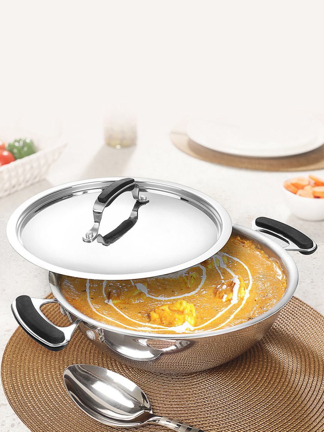 INOXBARON Silver-Toned Solid Stainless Steel Kadhai With Lid Price in India