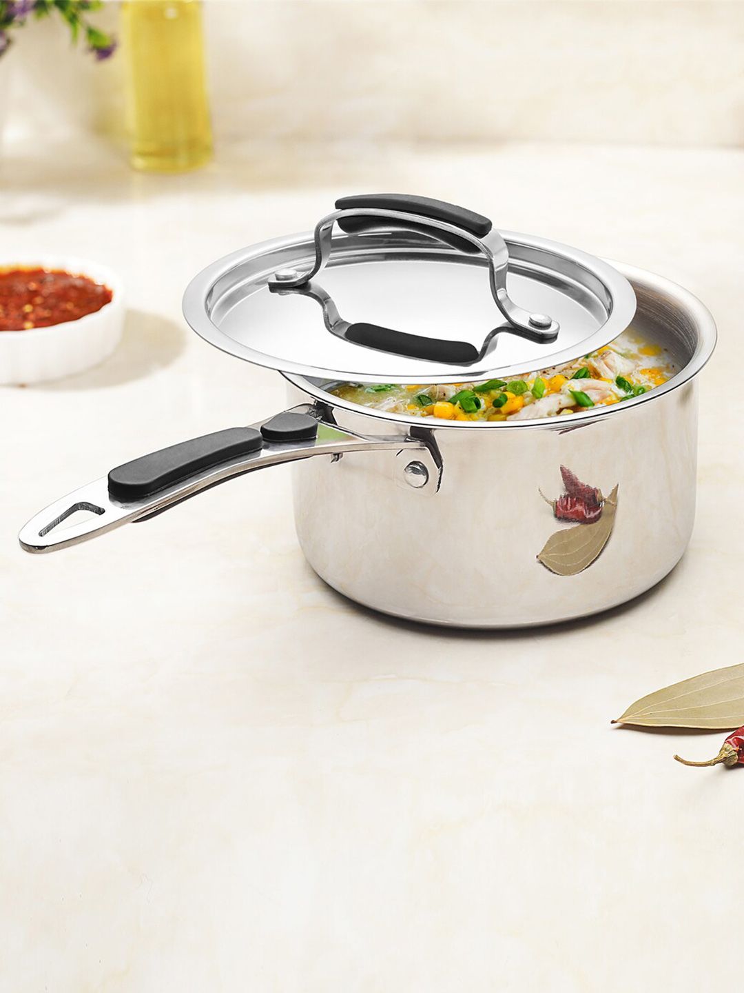 INOXBARON Silver-Toned Solid Stainless Steel Saucepan With Lid Price in India