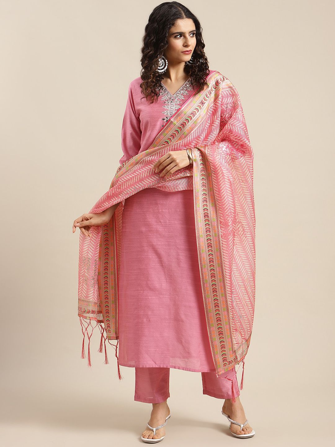 Varanga Women Pink Thread Work Kurta with Trousers & Dupatta Price in India