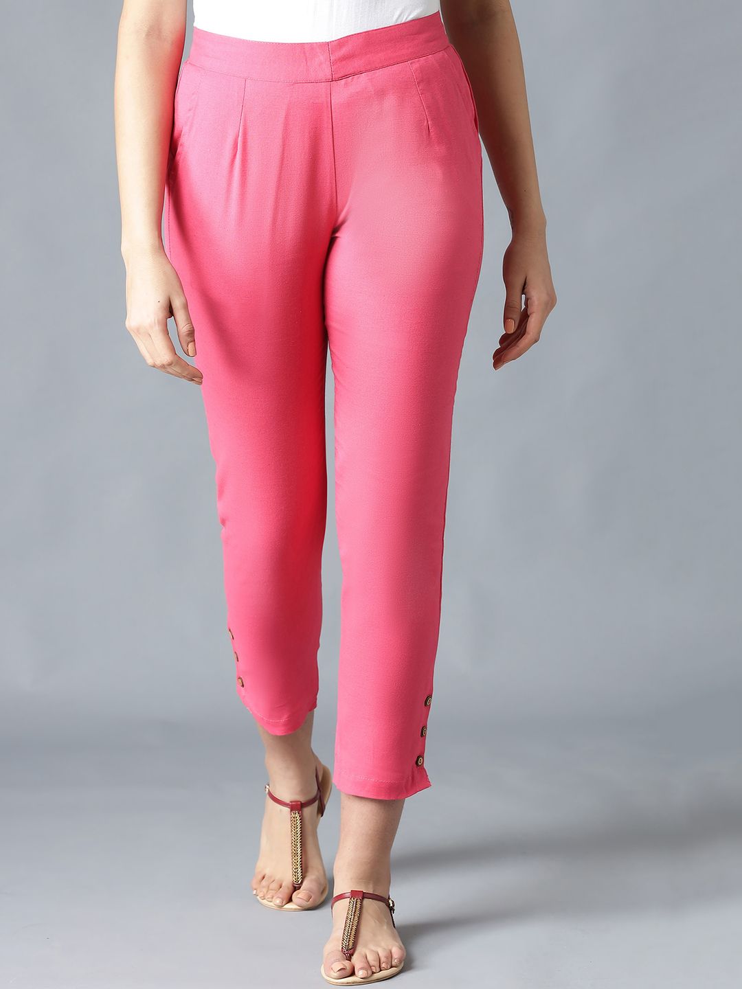 AURELIA Women Pink Solid High-Rise Cotton Trousers Price in India