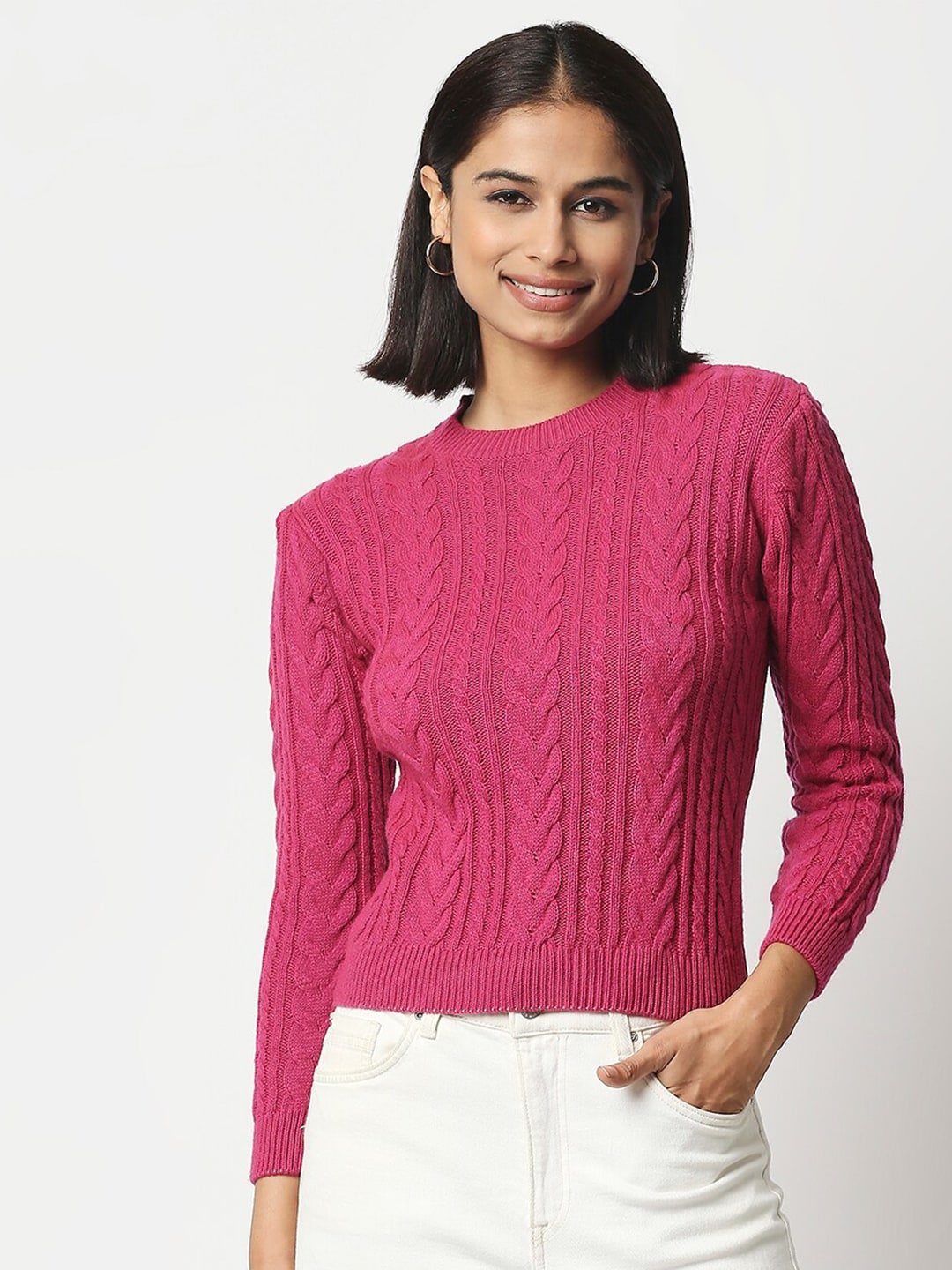 20Dresses Women Pink Cable Knit Acrylic Pullover Price in India