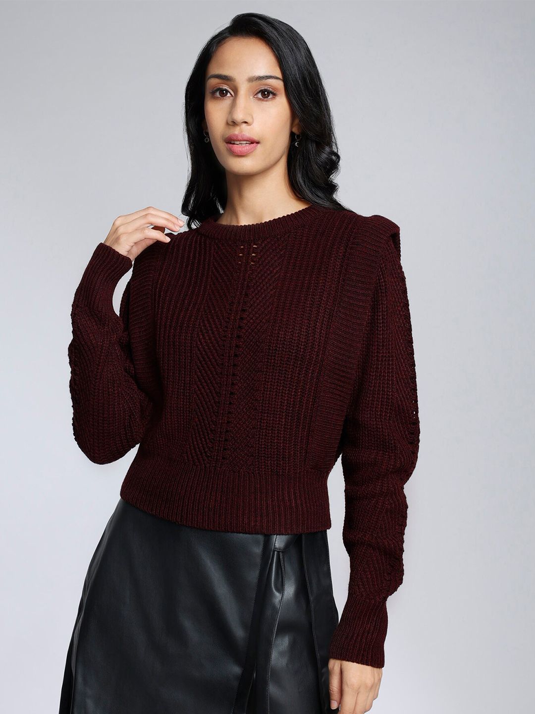 20Dresses Women Maroon Cable Knit Crop Pullover Price in India