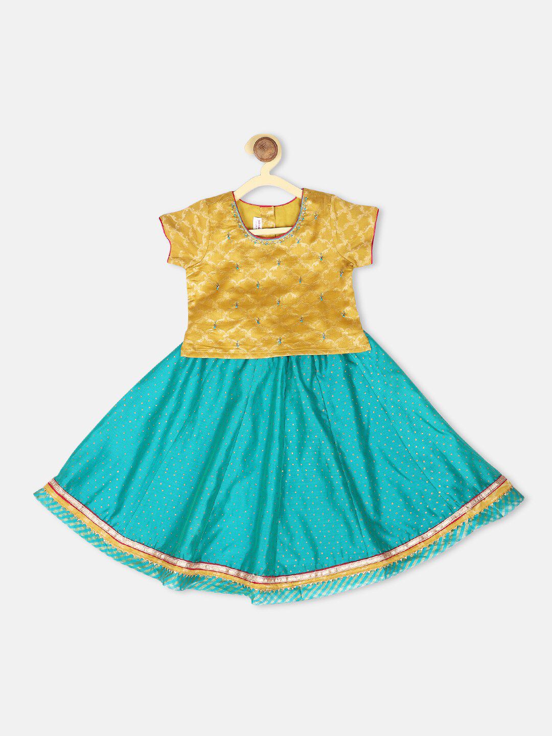 Fabindia Girls Teal & Gold-Toned Ready to Wear Lehenga & Choli