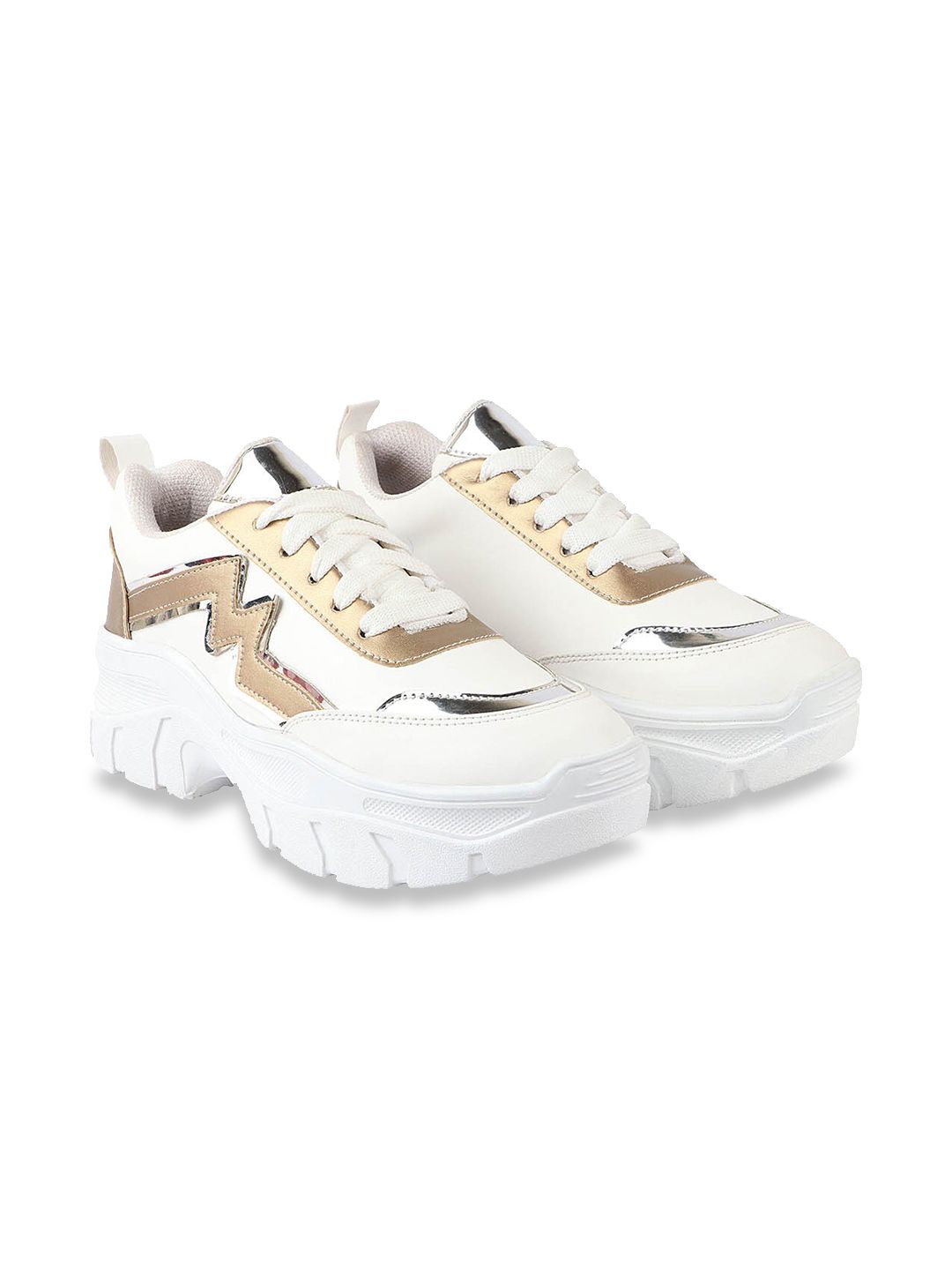 Shoetopia Women White & Gold Mesh Walking Non-Marking Shoes Price in India