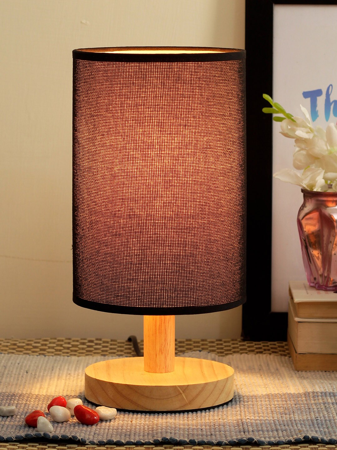 TIED RIBBONS Black & Beige Solid Bedside Wooden Table Lamp Price in India