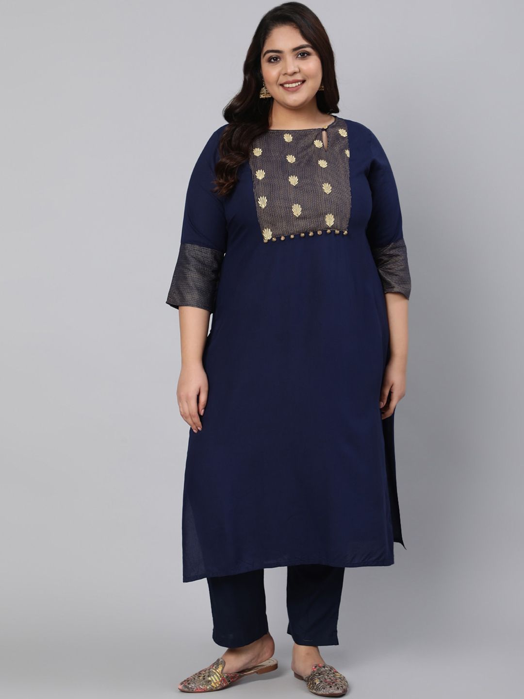 Jaipur Kurti Women Navy Blue Embroidered Kurti with Trousers Price in India