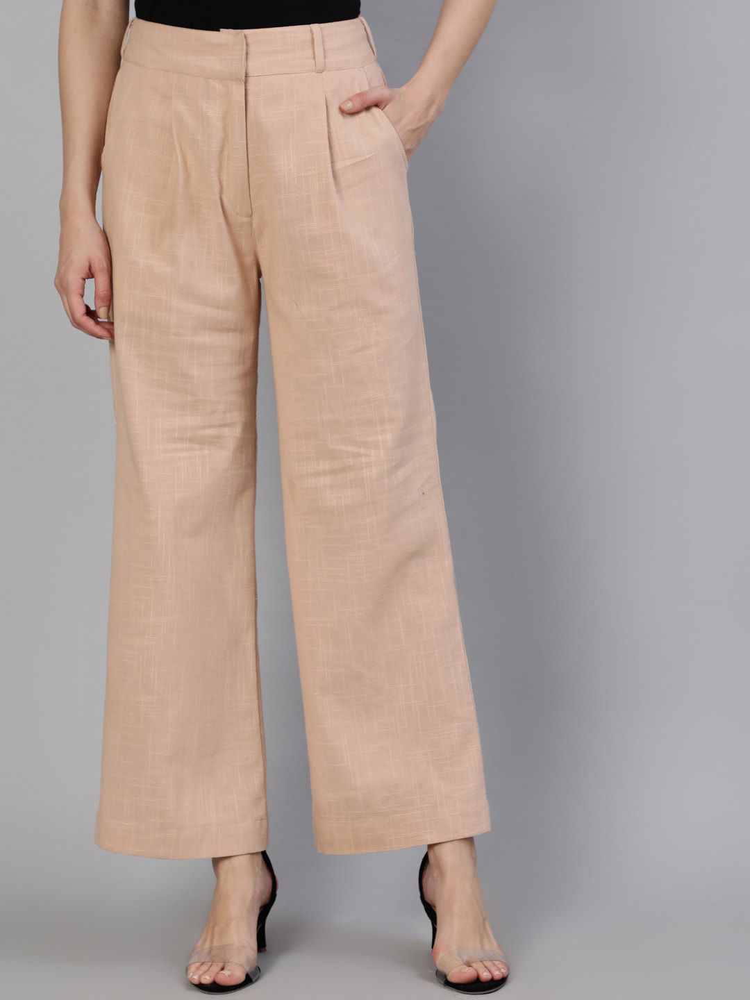 Jaipur Kurti Women Peach-Coloured Flared High-Rise Pleated Cotton Parallel Trousers Price in India
