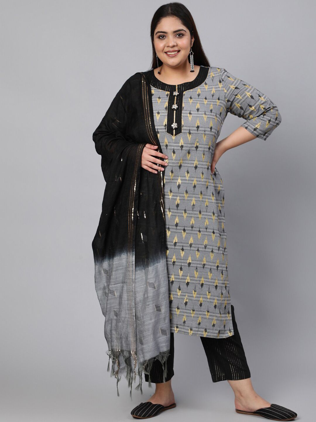 Jaipur Kurti Women Grey Printed Kurta with Trousers & With Dupatta Price in India