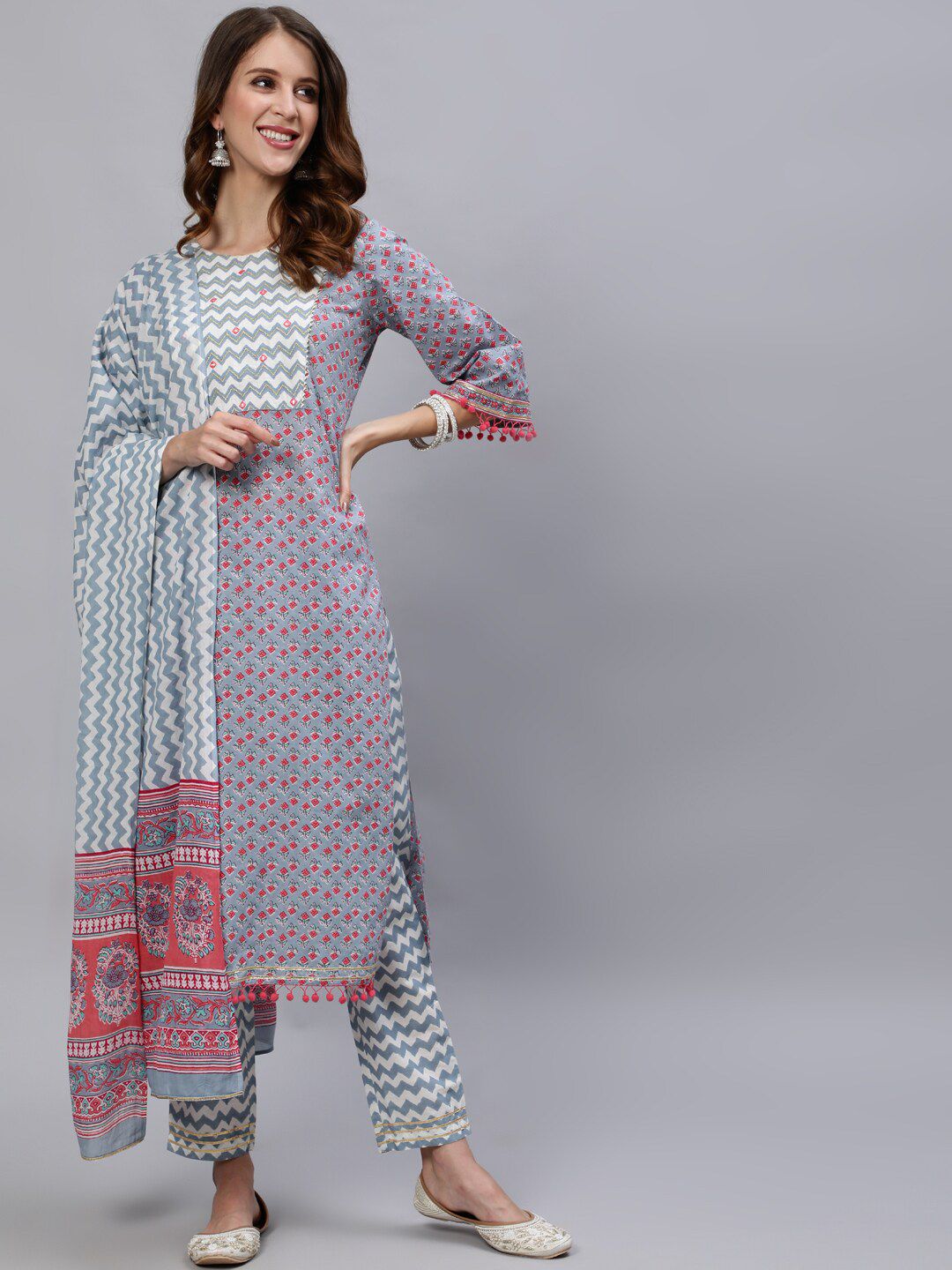 Jaipur Kurti Women Grey & Red Printed Mirror Pure Cotton Kurta With Trousers & Dupatta Price in India