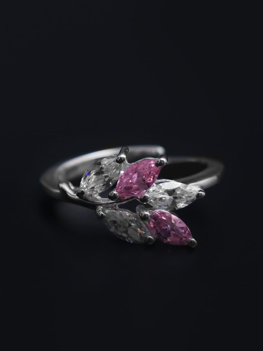 HIFLYER JEWELS Rhodium-Plated Silver-Toned & Pink Stone-Studded Finger Ring Price in India