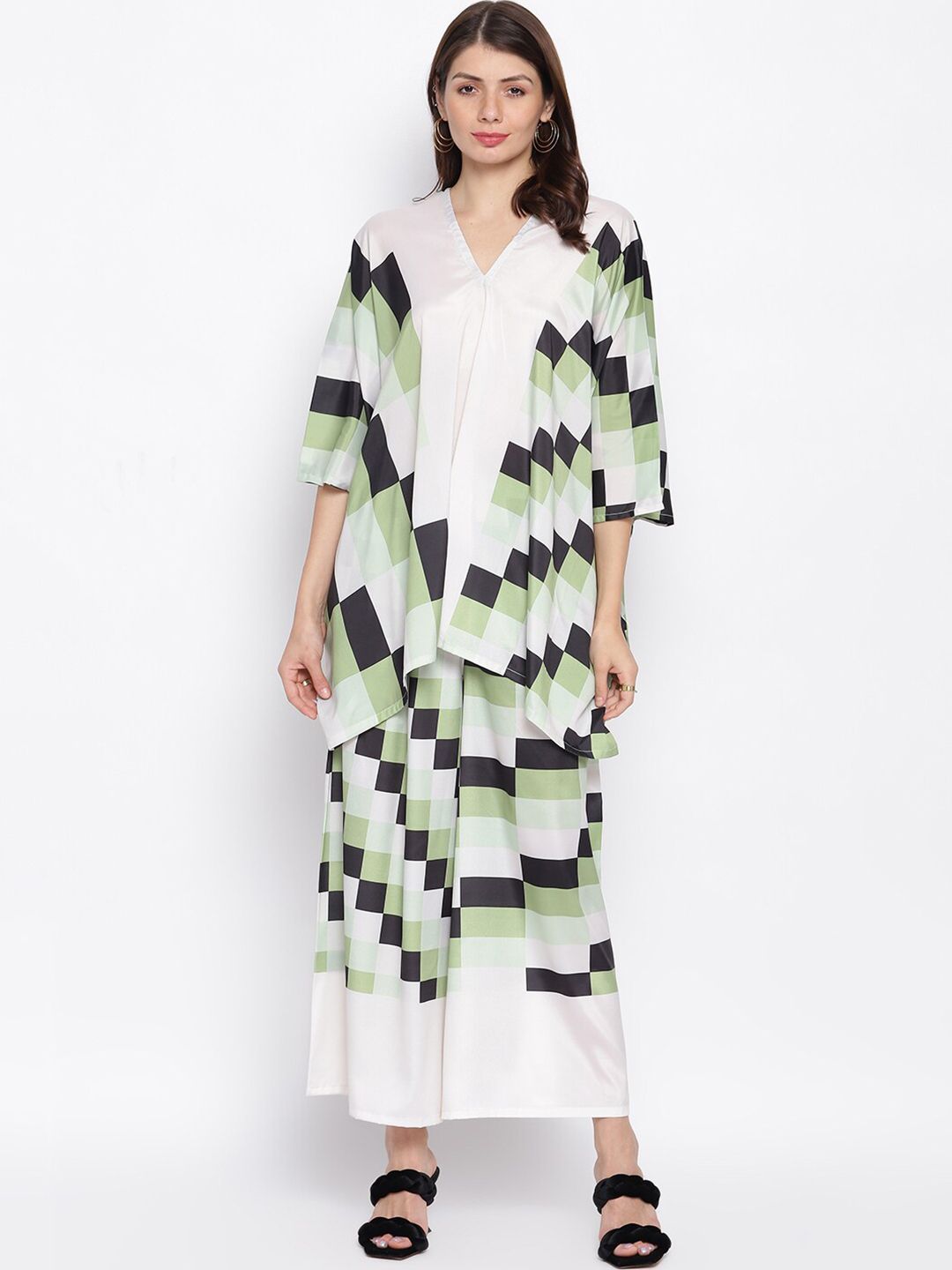iki chic Women Green & White Printed Kaftan Tunic with Palazzos