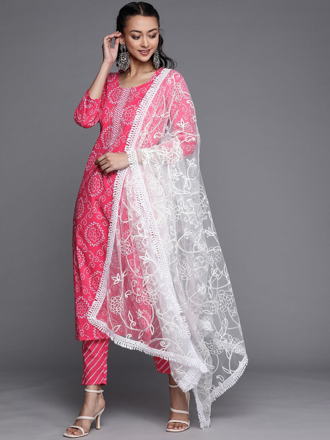 Varanga Women Pink Bandhani Printed Gotta Patti Pure Cotton Kurta with Trousers & With Dupatta Price in India