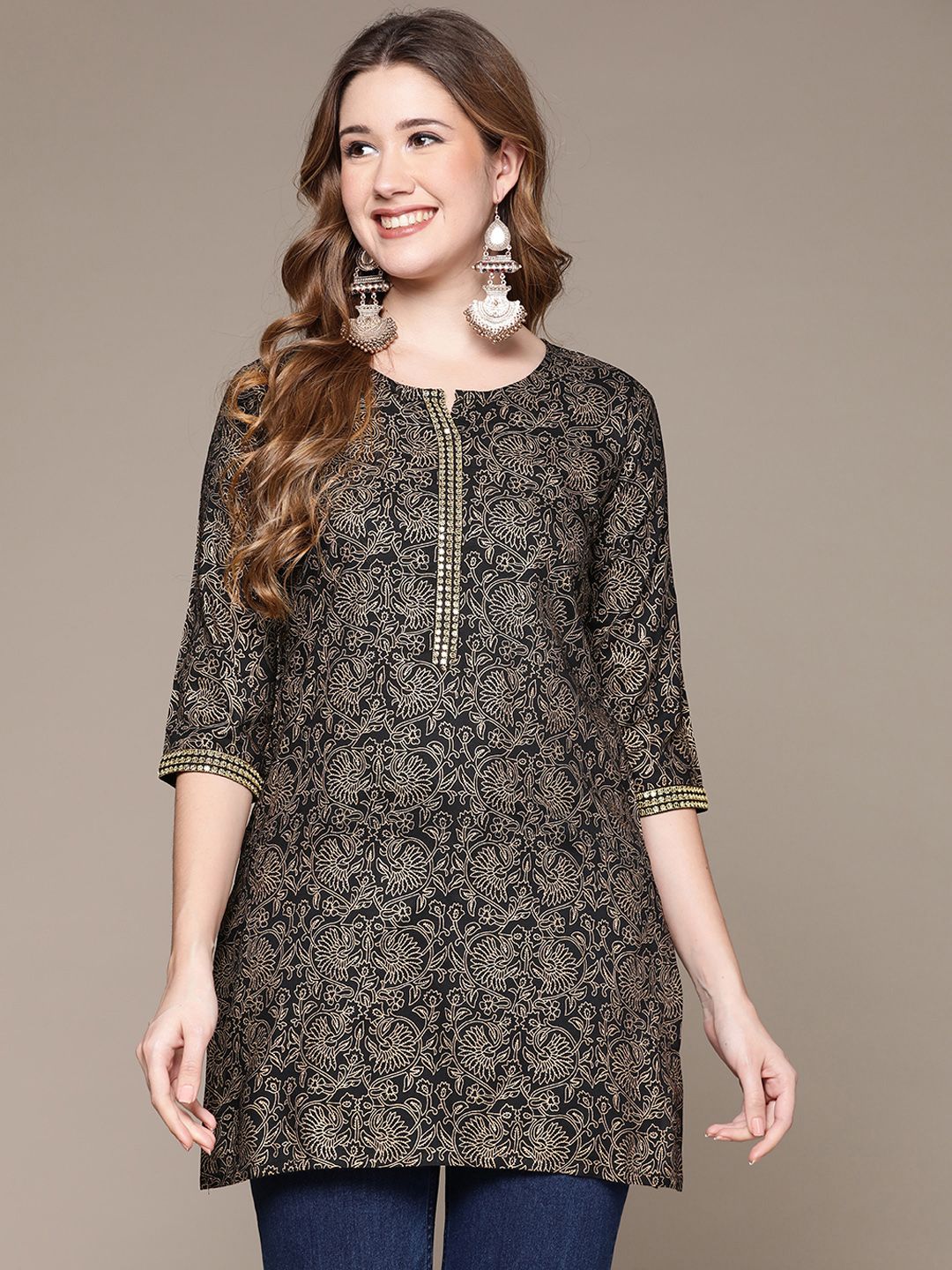 Anubhutee Black & Gold-Toned Ethnic Motifs Printed Kurti Price in India