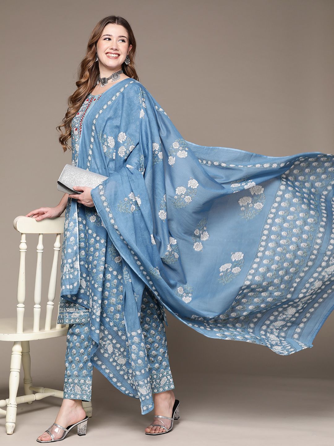 Anubhutee Women Blue Floral Printed Pure Cotton Kurta with Trousers & Dupatta Price in India