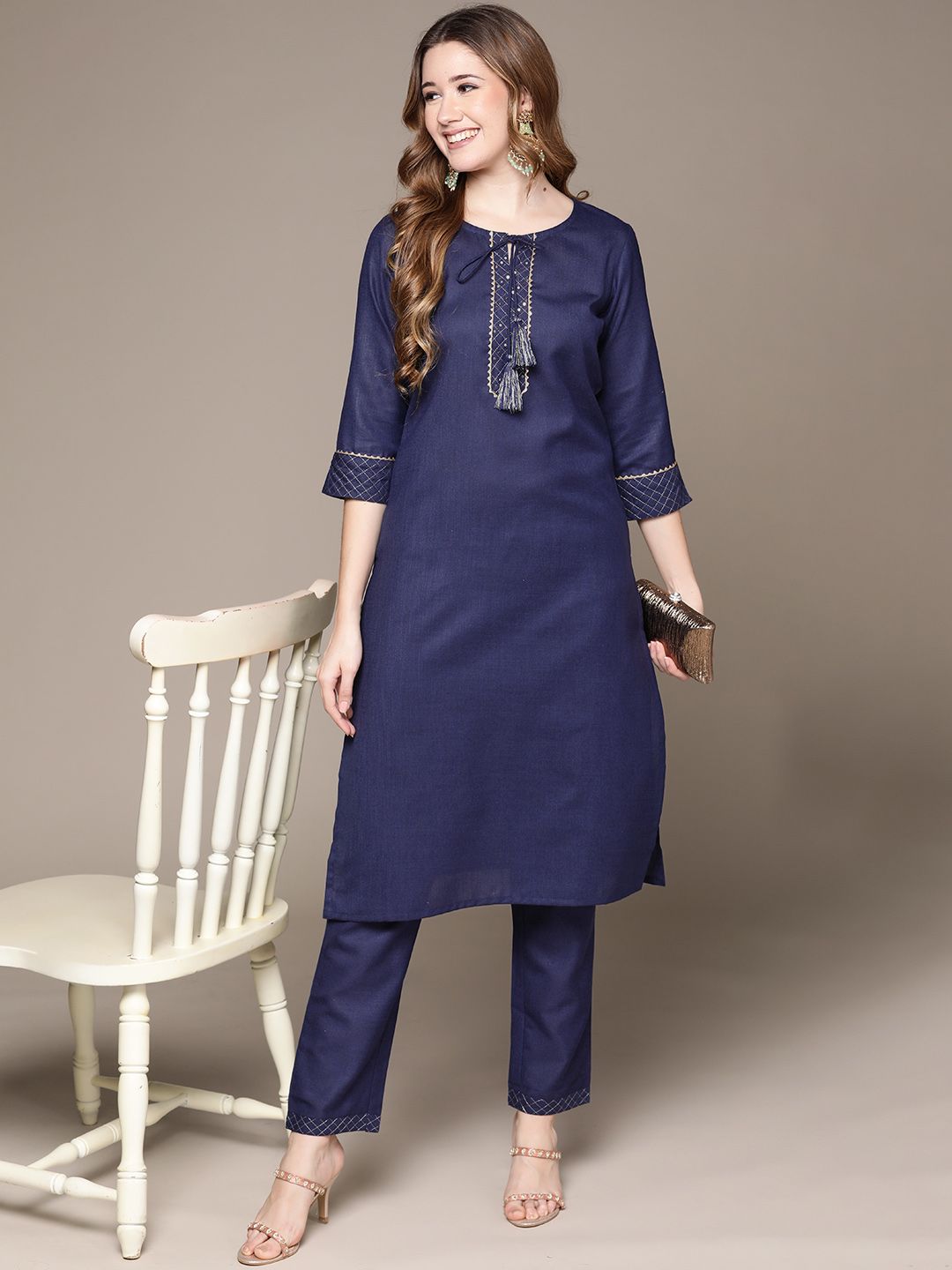 Anubhutee Women Navy Blue Woven Deisgn Sequinned Gotta Patti Kurta with Trousers Price in India