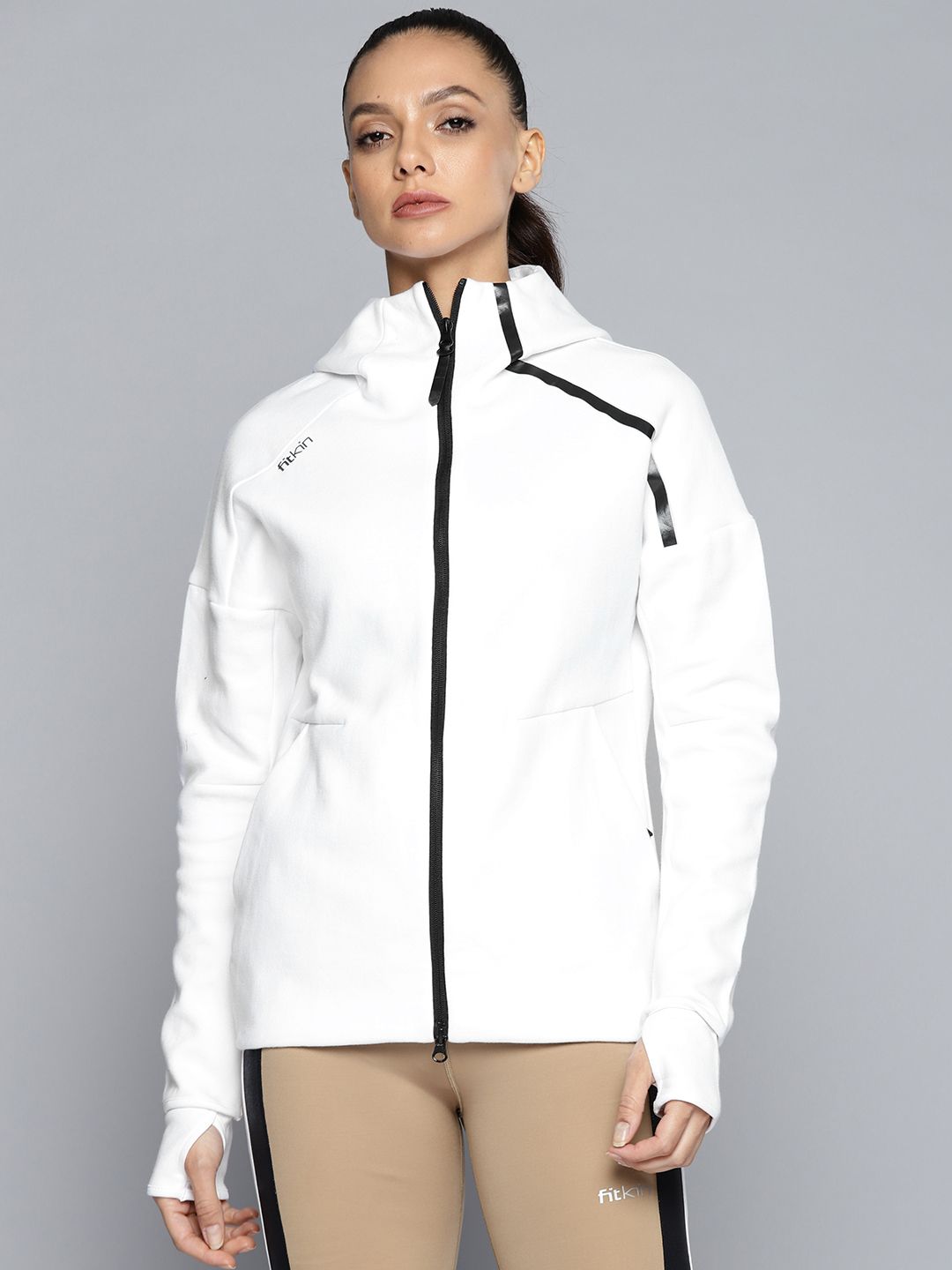 Fitkin Women White Solid Training or Gym Hooded Jacket Price in India