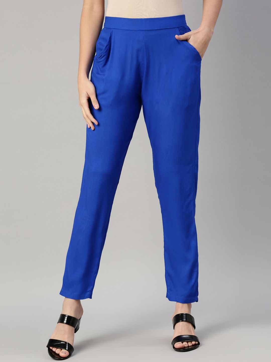 GOLDSTROMS Women Blue Slim Fit Pleated Trousers Price in India