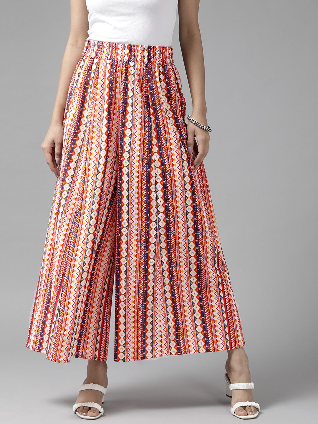 PANIT Women Off White & Orange Printed Cotton Palazzos Price in India