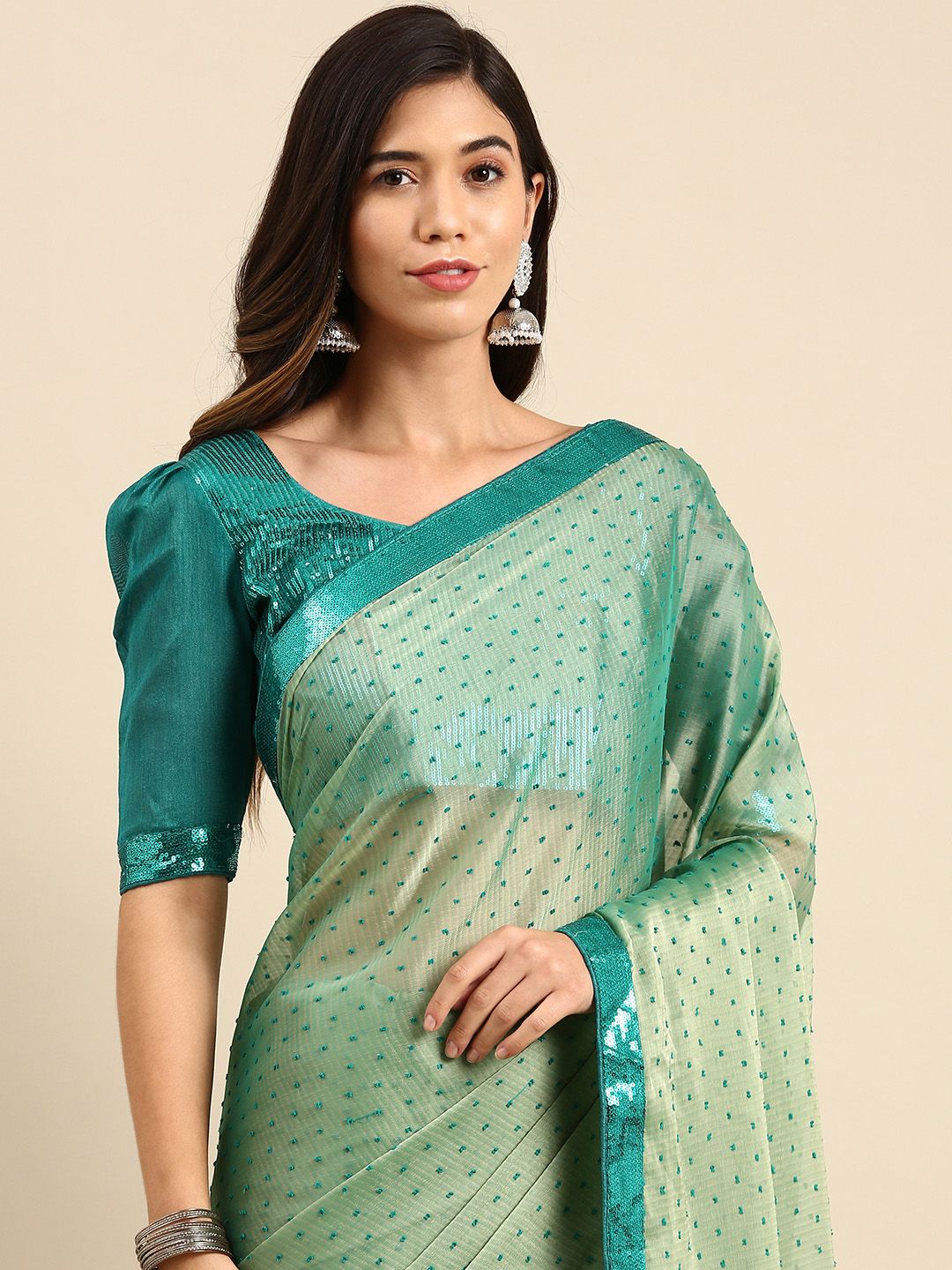 Anouk Green Woven Design Sequinned Silk Blend Saree