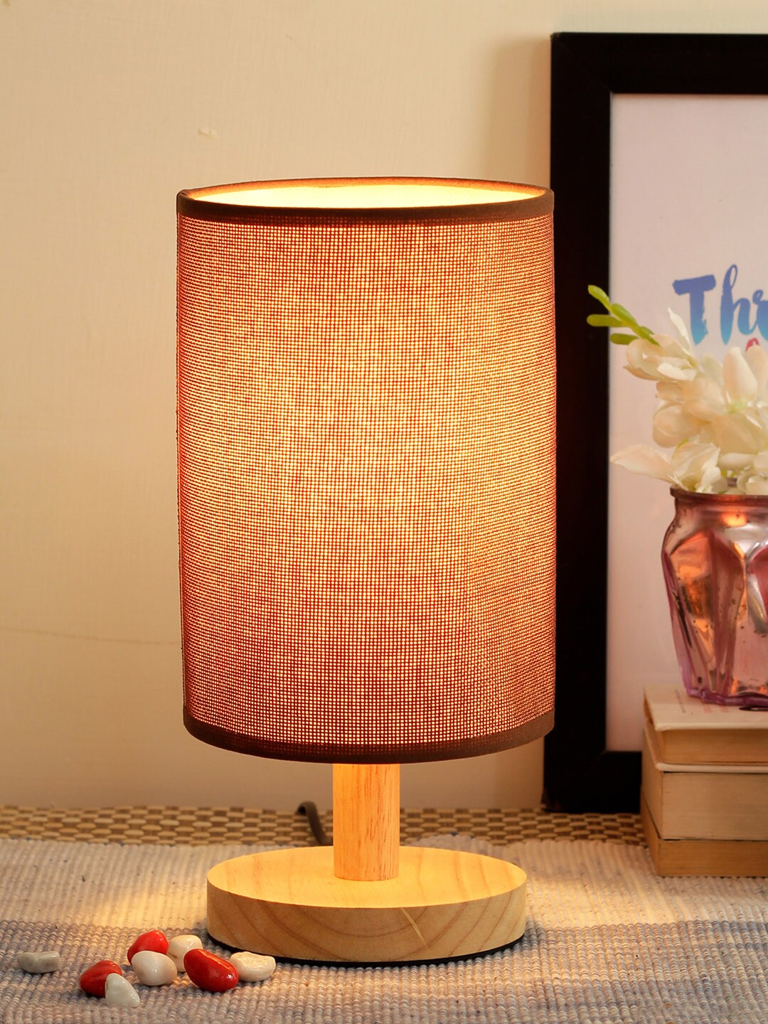 TIED RIBBONS Brown Wooden Cylindrical Table Lamp with Jute Shade Price in India