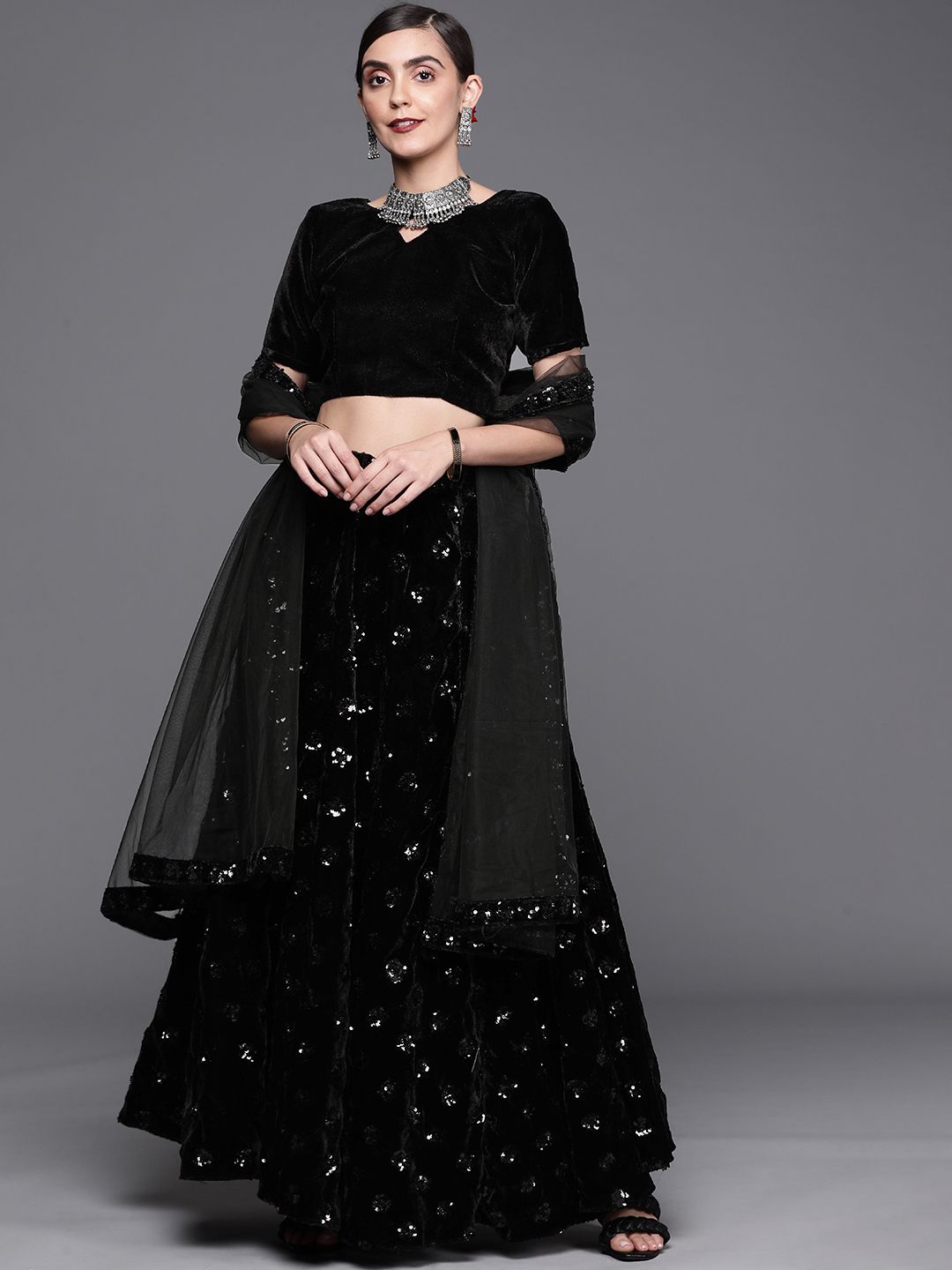 Mitera Women Black Embroidered Sequinned Unstitched Lehenga with Blouse & Dupatta Price in India