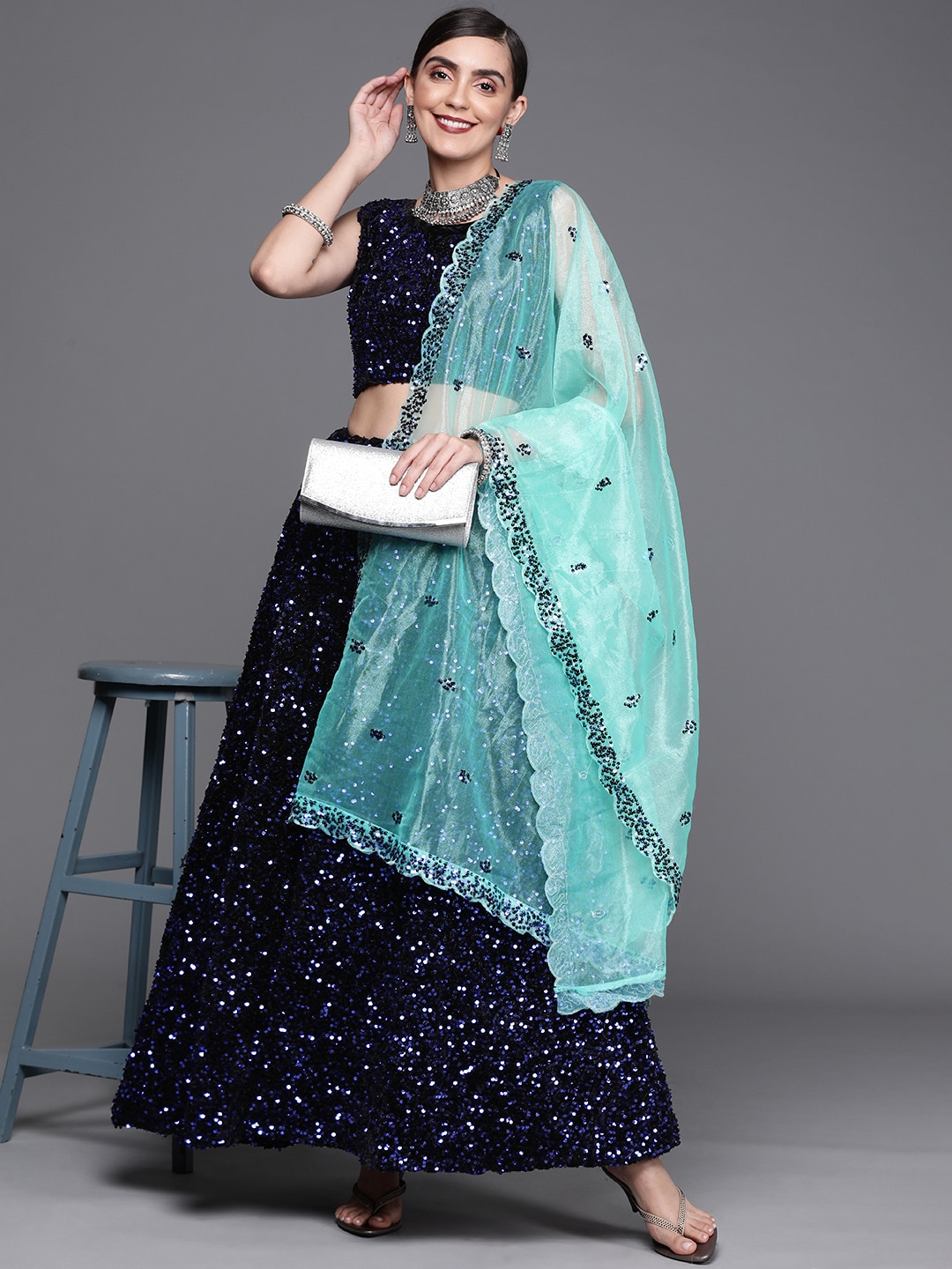Mitera Black & Blue Embellished Sequinned Unstitched Lehenga & Blouse With Dupatta Price in India